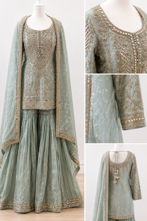 Sage Green Embroidered Sharara Set